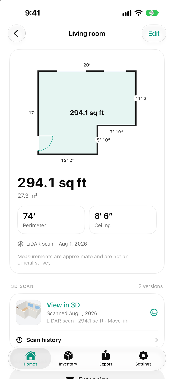A measured floor plan of the living room with its area, perimeter and ceiling height