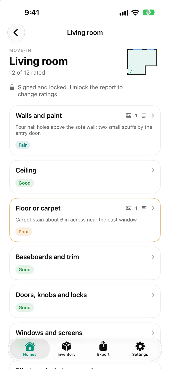 A room checklist with condition ratings for walls, floors and windows
