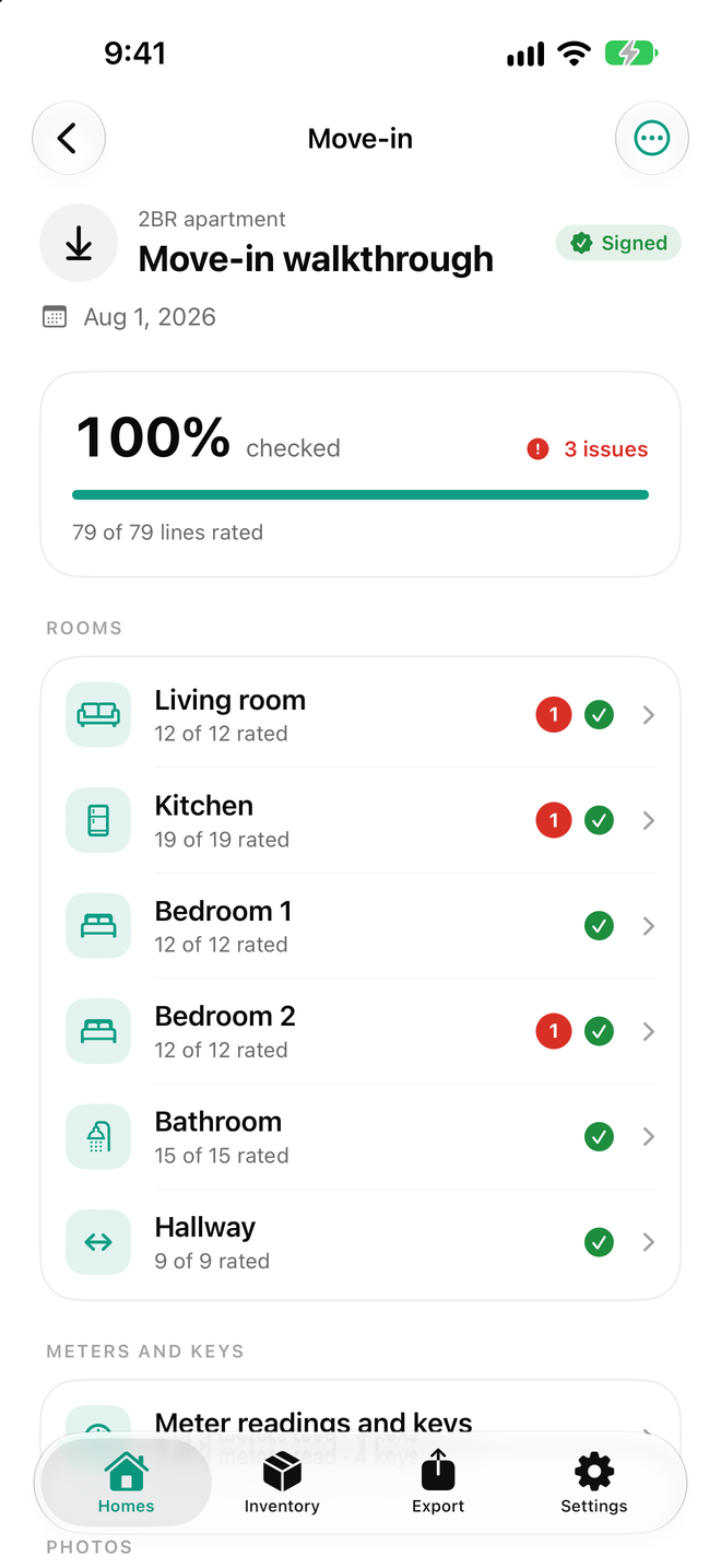 A signed move-in walkthrough with every room rated and three issues flagged