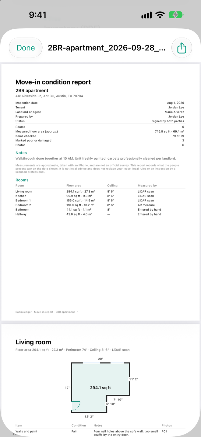 The first page of a move-in report