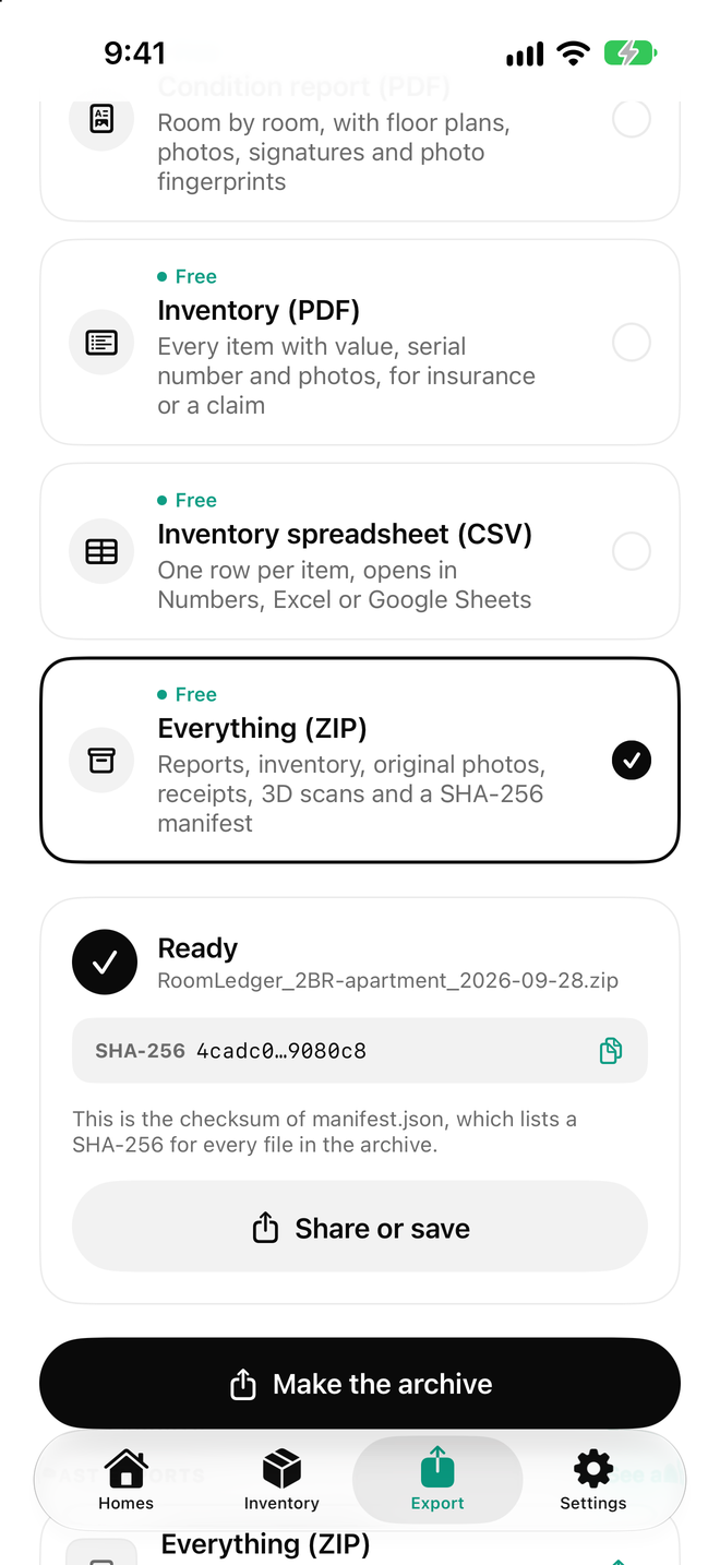 Export options, with the report, inventory and one ZIP of everything plus its SHA-256 checksum