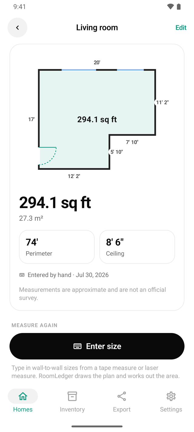 RoomLedger on Android: a measured floor plan of the living room